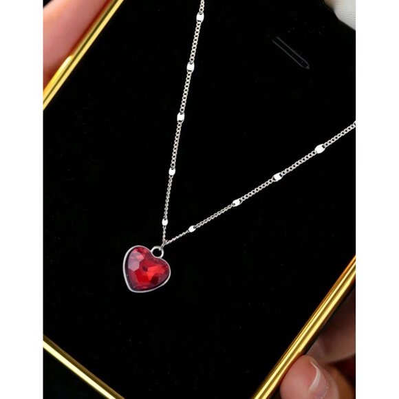 Heart-Shaped Red Crystal Pendant Necklace 925 Sterling Silver Women Jewelry Gift - Picture 6 of 6